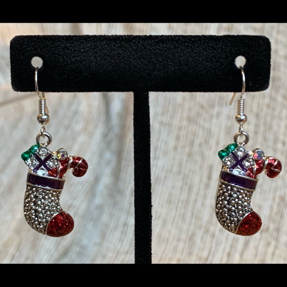 NWT Carole Rhinestone & Glittery Red Christmas Stockings Hook Dangle Earrings - Picture 2 of 8